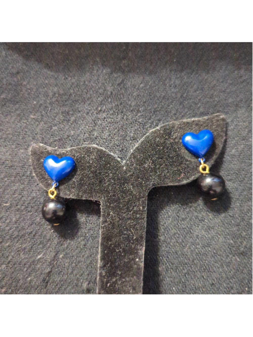 Blue Heart and Black Bead Dainty Drop Stud Statement Earrings